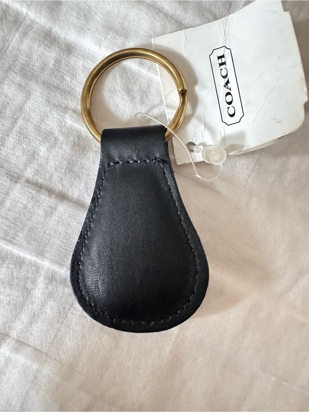 Coach Black Leather Key Ring with Gold-Tone Hoop - Picture 2 of 3